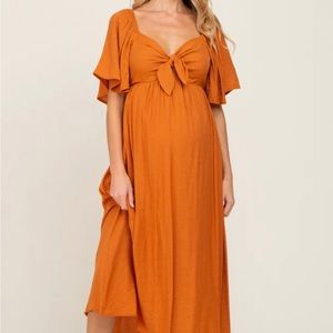 Rust Front Tie Ruffle Sleeve Maternity Midi Dress
